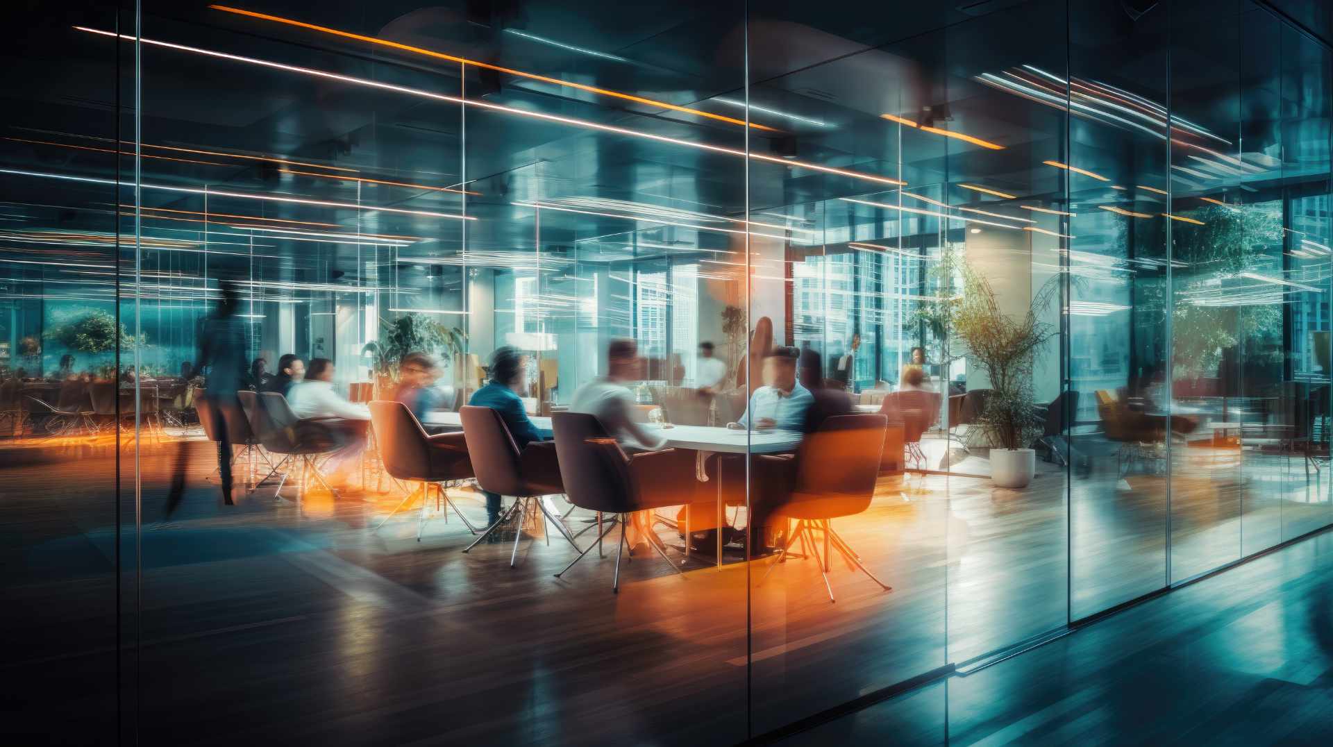 Long exposure shot of group of people in a meeting room, busines